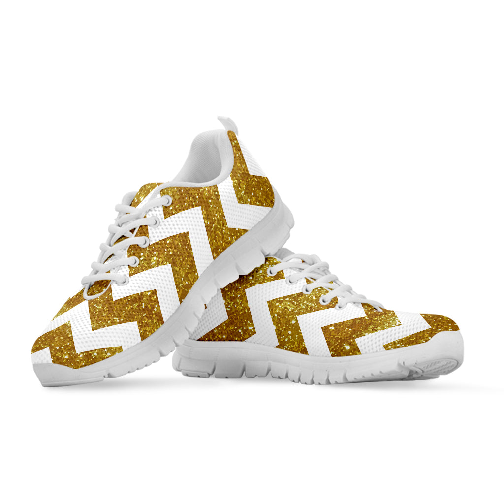 Gold And White Chevron Pattern Print White Sneakers