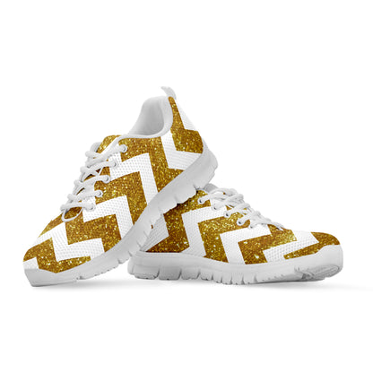 Gold And White Chevron Pattern Print White Sneakers