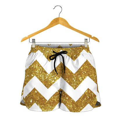 Gold And White Chevron Pattern Print Women's Shorts