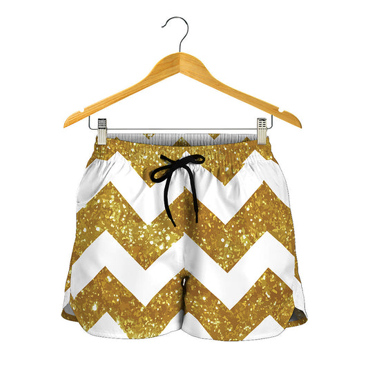 Gold And White Chevron Pattern Print Women's Shorts