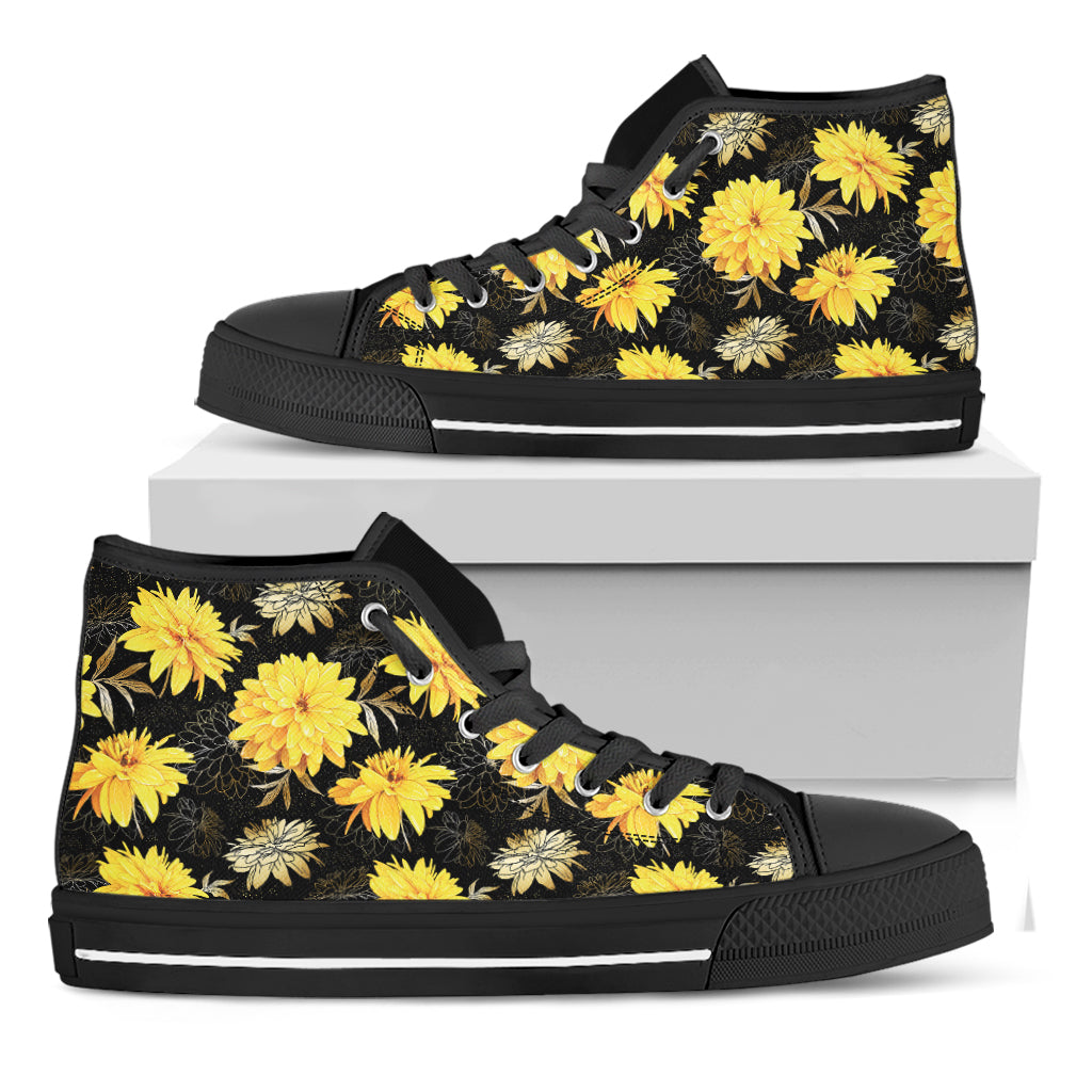 Gold And Yellow Floral Print Black High Top Shoes