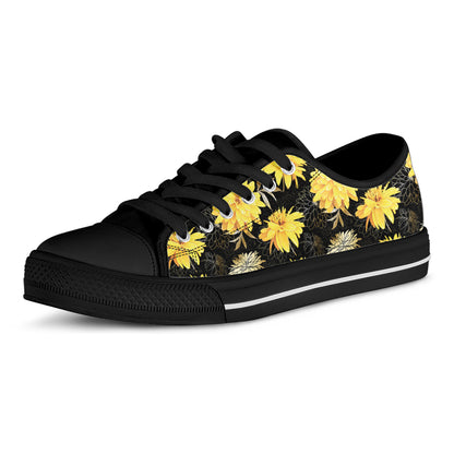 Gold And Yellow Floral Print Black Low Top Shoes