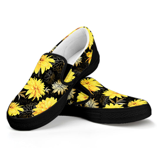 Gold And Yellow Floral Print Black Slip On Shoes
