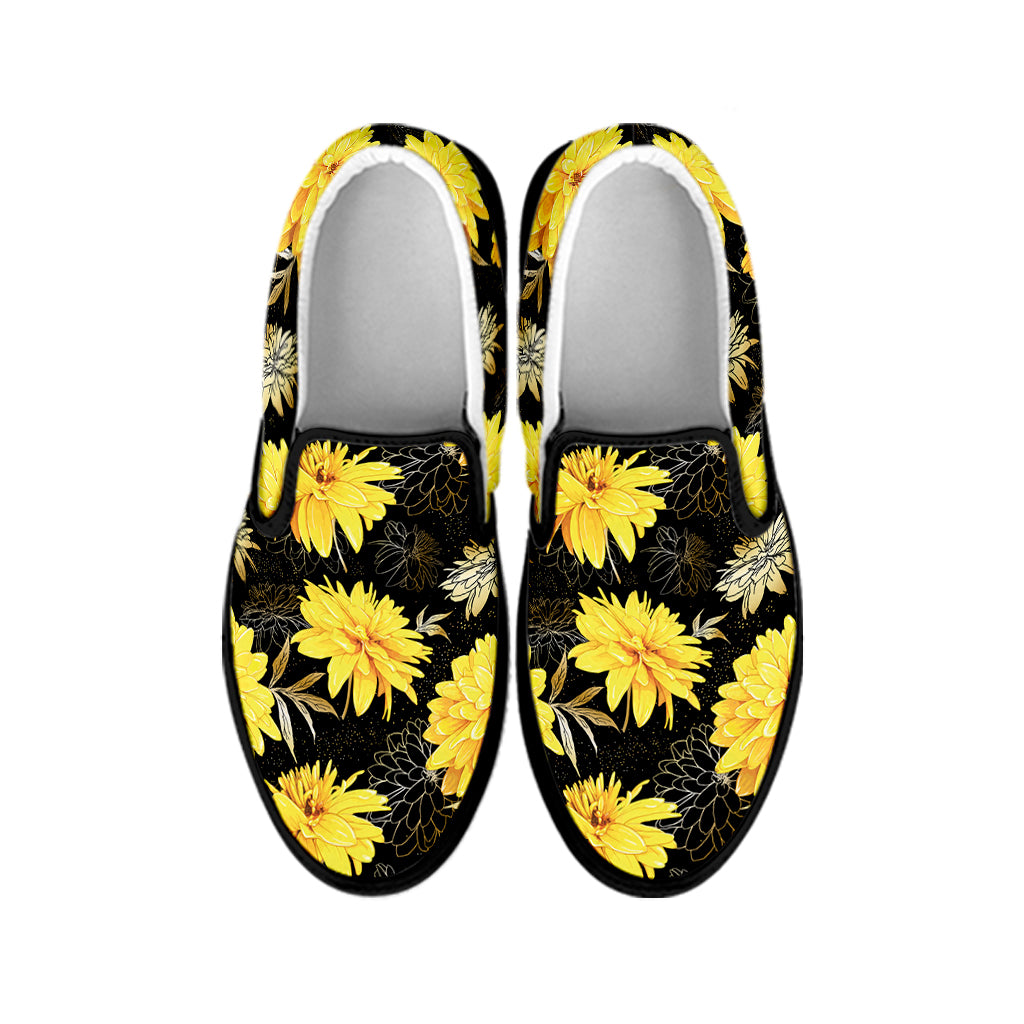 Gold And Yellow Floral Print Black Slip On Shoes