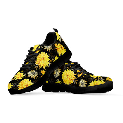 Gold And Yellow Floral Print Black Sneakers