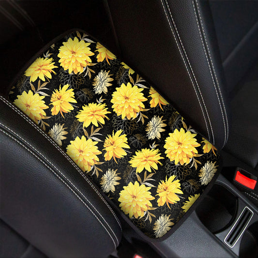 Gold And Yellow Floral Print Car Center Console Cover