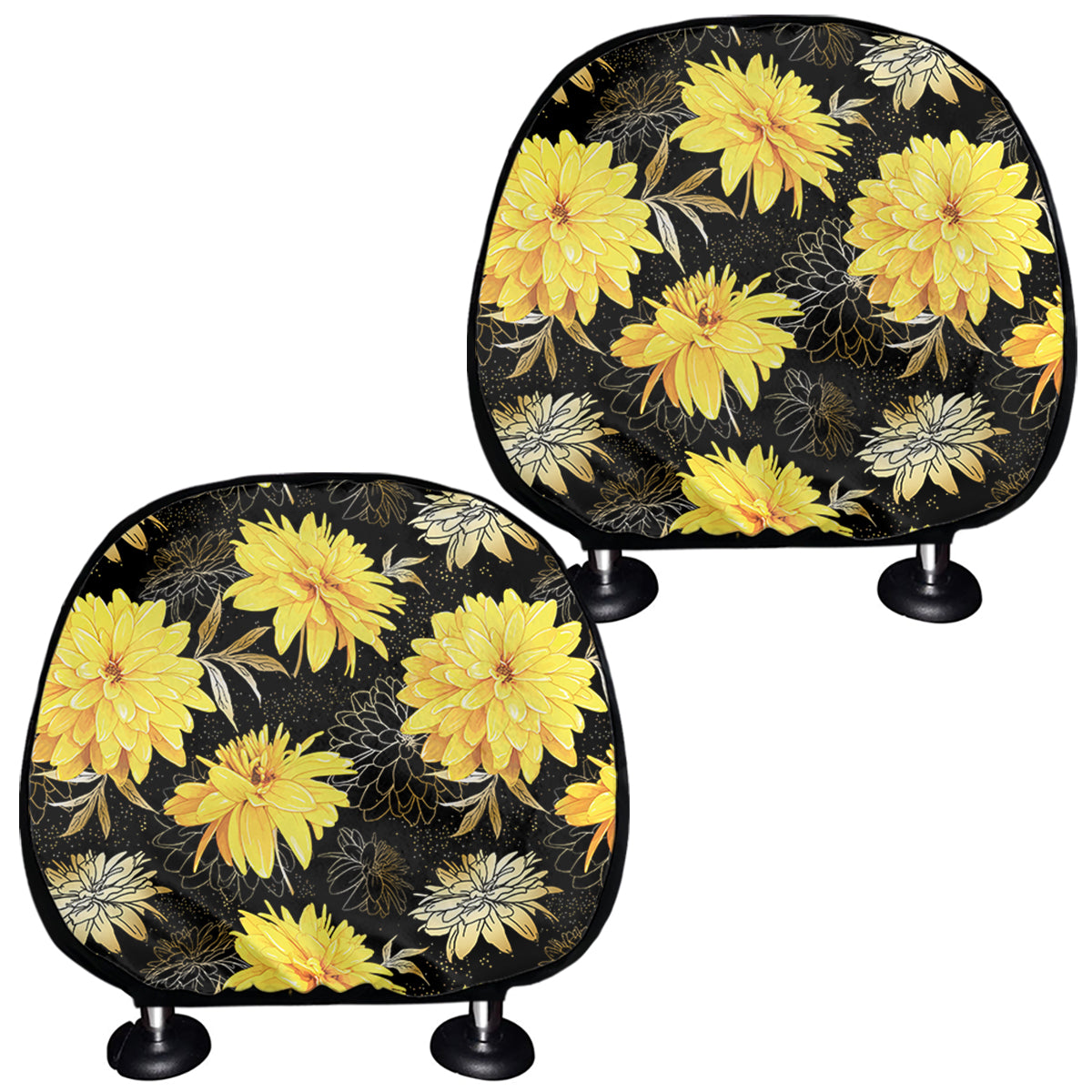 Gold And Yellow Floral Print Car Headrest Covers