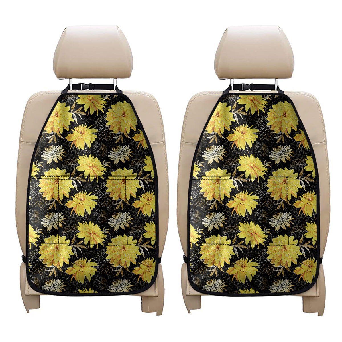 Gold And Yellow Floral Print Car Seat Organizers
