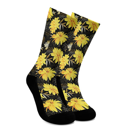 Gold And Yellow Floral Print Crew Socks