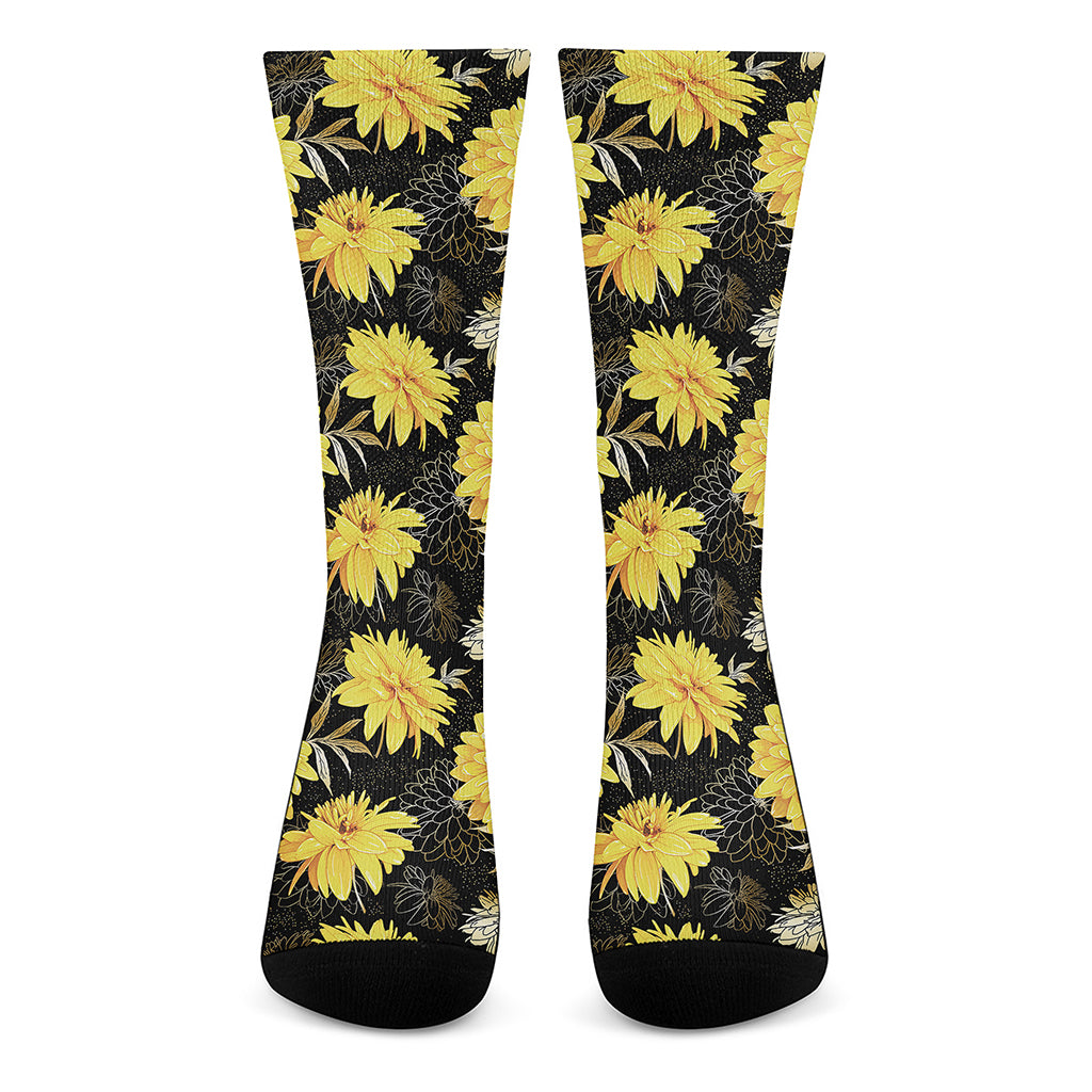 Gold And Yellow Floral Print Crew Socks