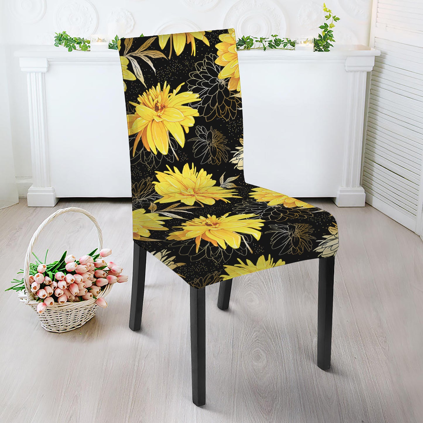 Gold And Yellow Floral Print Dining Chair Slipcover