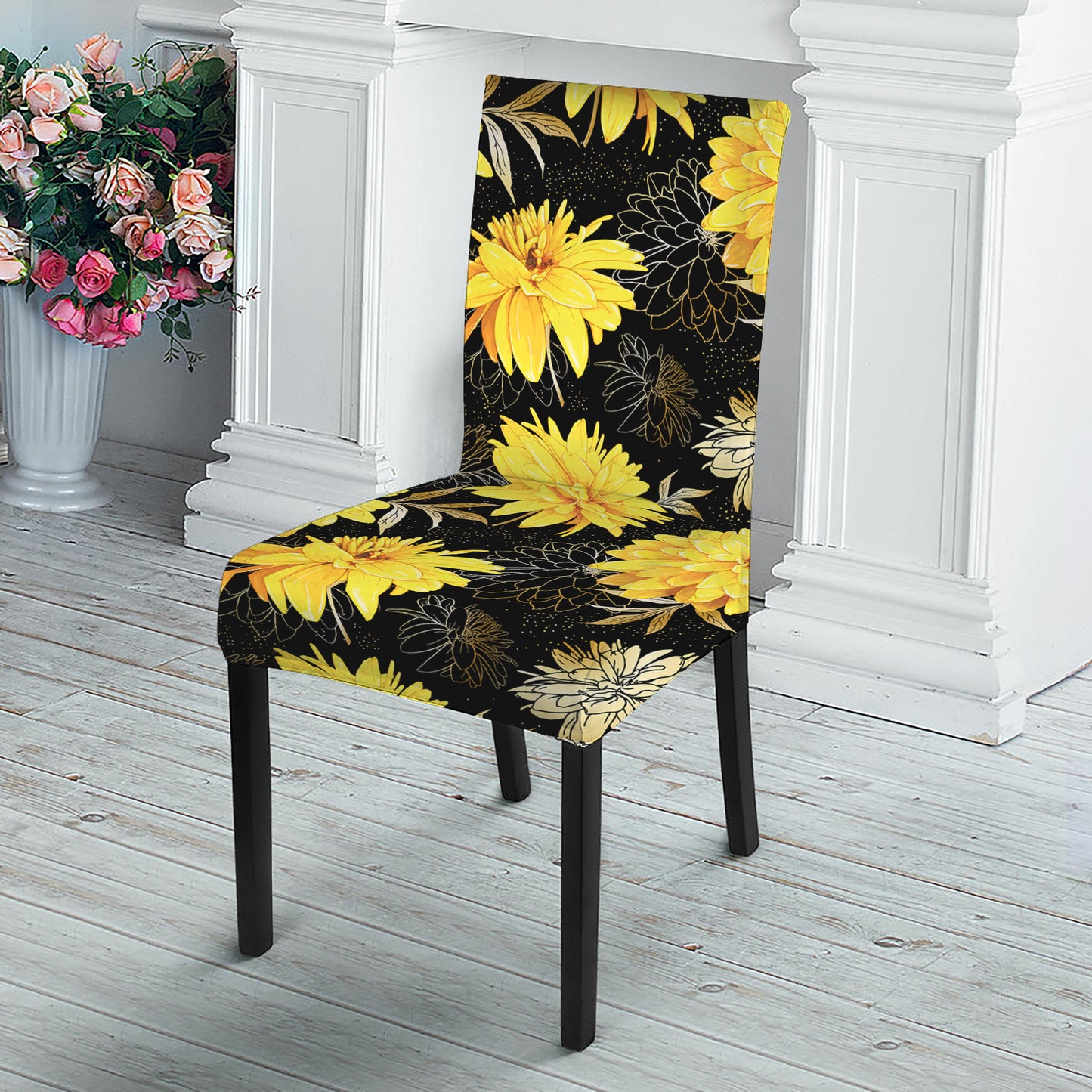 Gold And Yellow Floral Print Dining Chair Slipcover