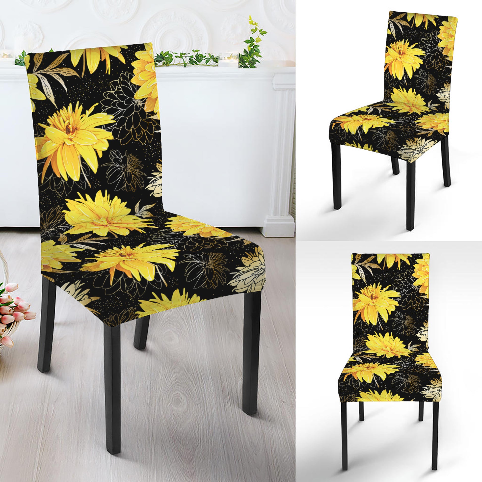 Gold And Yellow Floral Print Dining Chair Slipcover