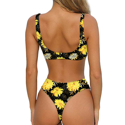 Gold And Yellow Floral Print Front Bow Tie Bikini