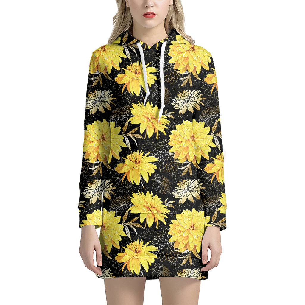 Gold And Yellow Floral Print Hoodie Dress