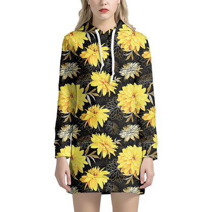 Gold And Yellow Floral Print Hoodie Dress