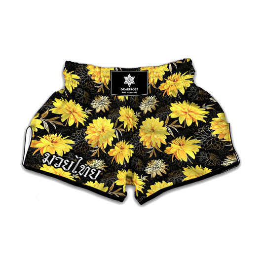 Gold And Yellow Floral Print Muay Thai Boxing Shorts