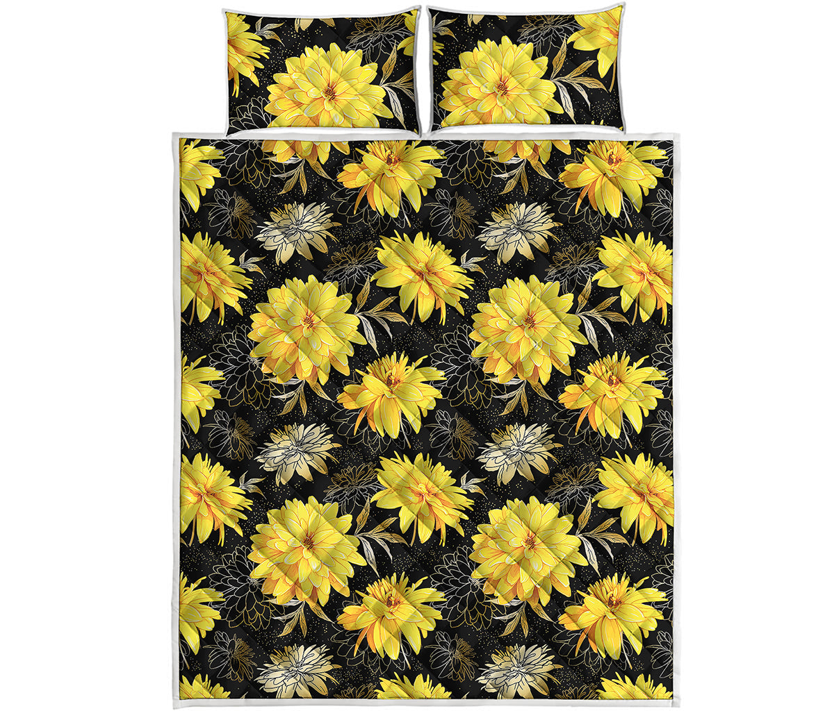 Gold And Yellow Floral Print Quilt Bed Set