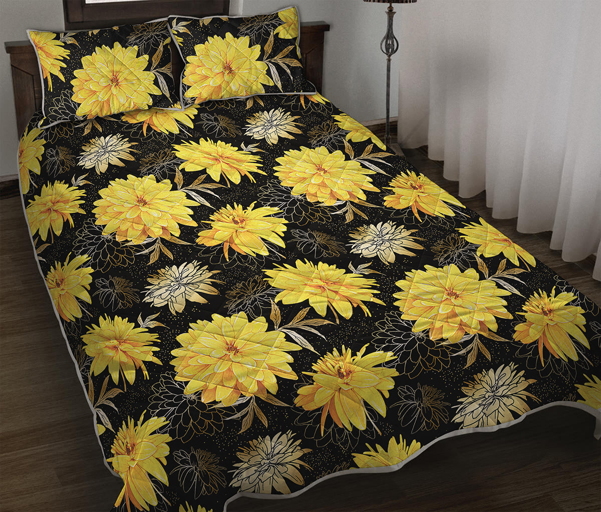 Gold And Yellow Floral Print Quilt Bed Set