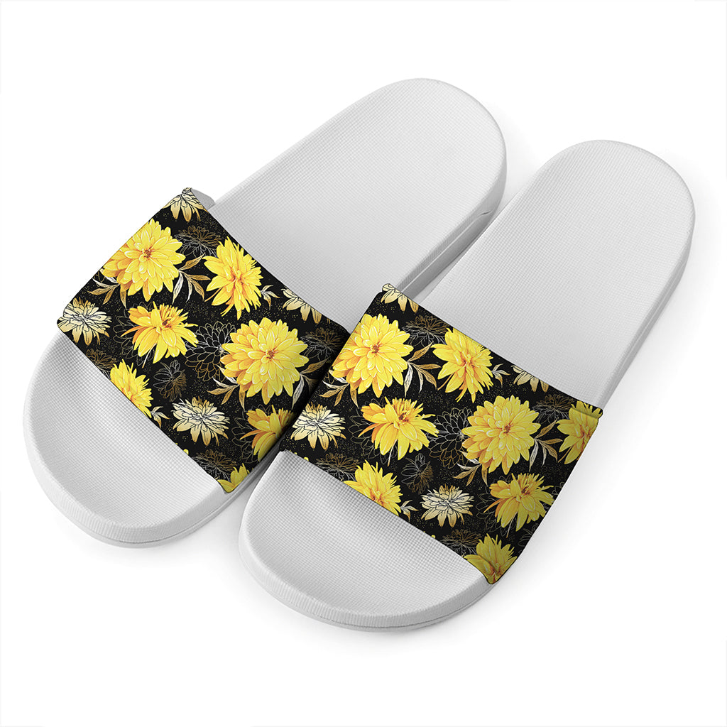 Gold And Yellow Floral Print White Slide Sandals