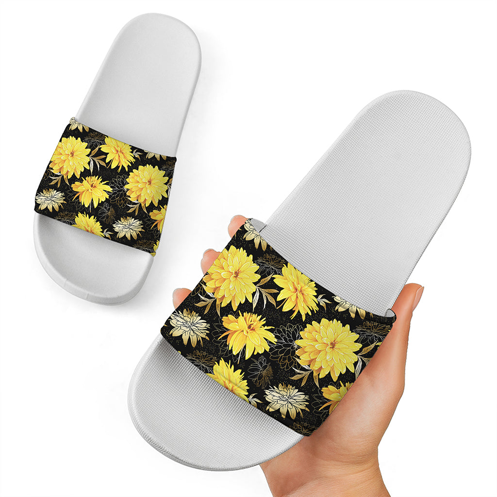 Gold And Yellow Floral Print White Slide Sandals