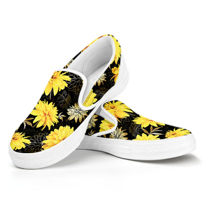 Gold And Yellow Floral Print White Slip On Shoes