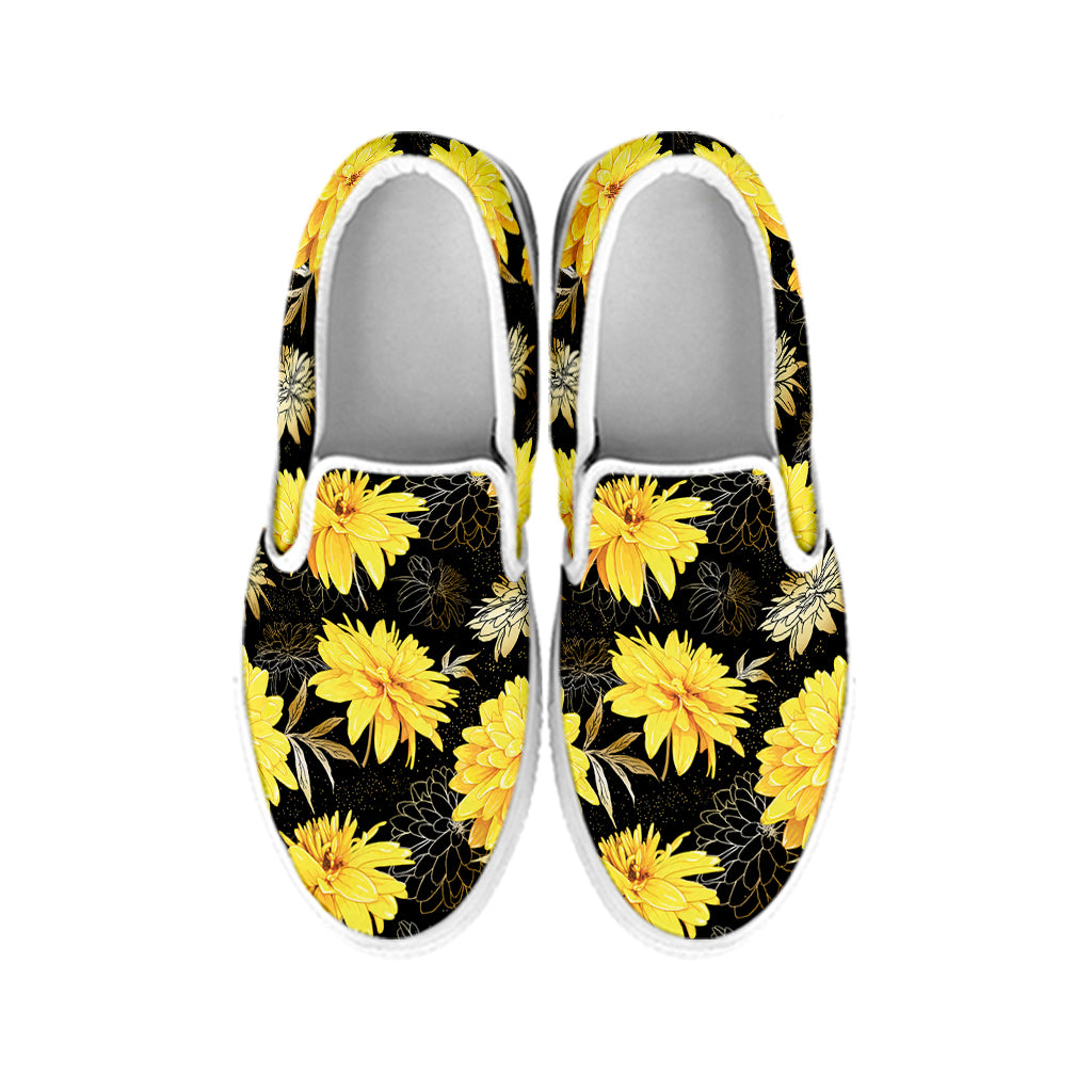 Gold And Yellow Floral Print White Slip On Shoes