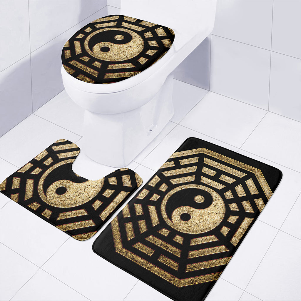 Gold Bagua Yin Yang Print 3 Piece Bath Mat Set