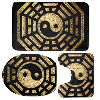 Gold Bagua Yin Yang Print 3 Piece Bath Mat Set