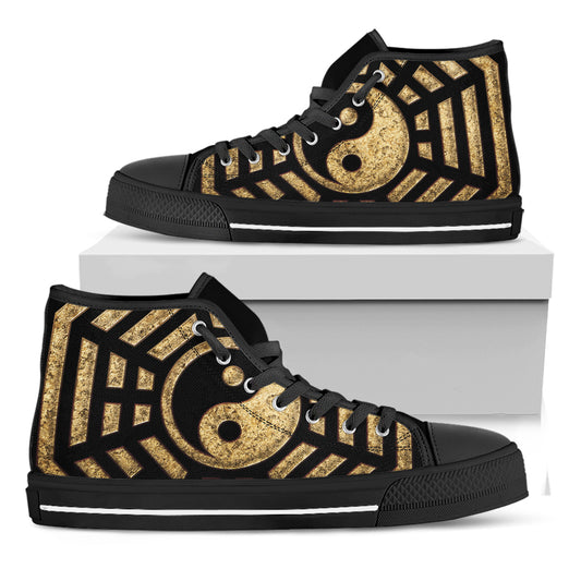 Gold Bagua Yin Yang Print Black High Top Shoes
