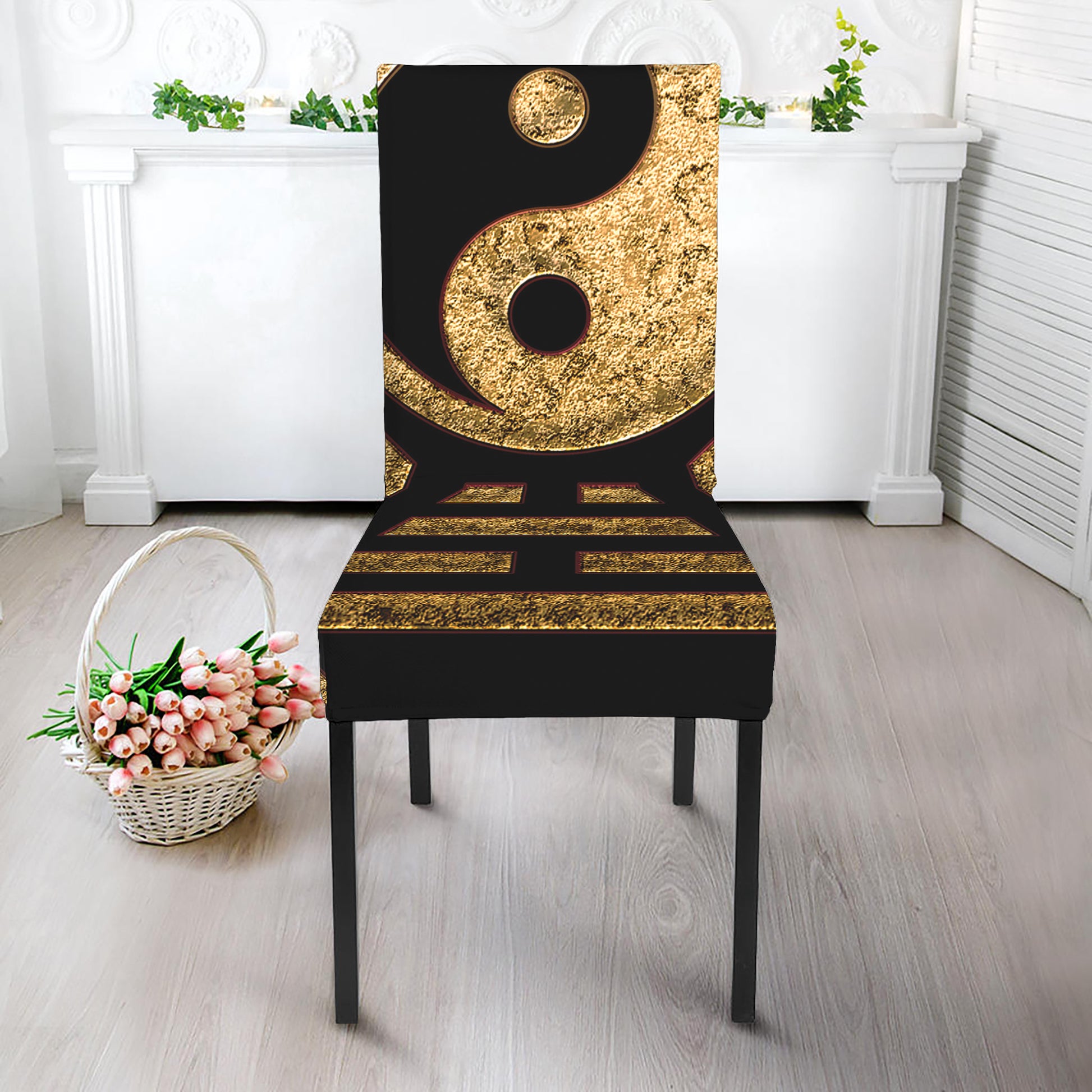 Gold Bagua Yin Yang Print Dining Chair Slipcover