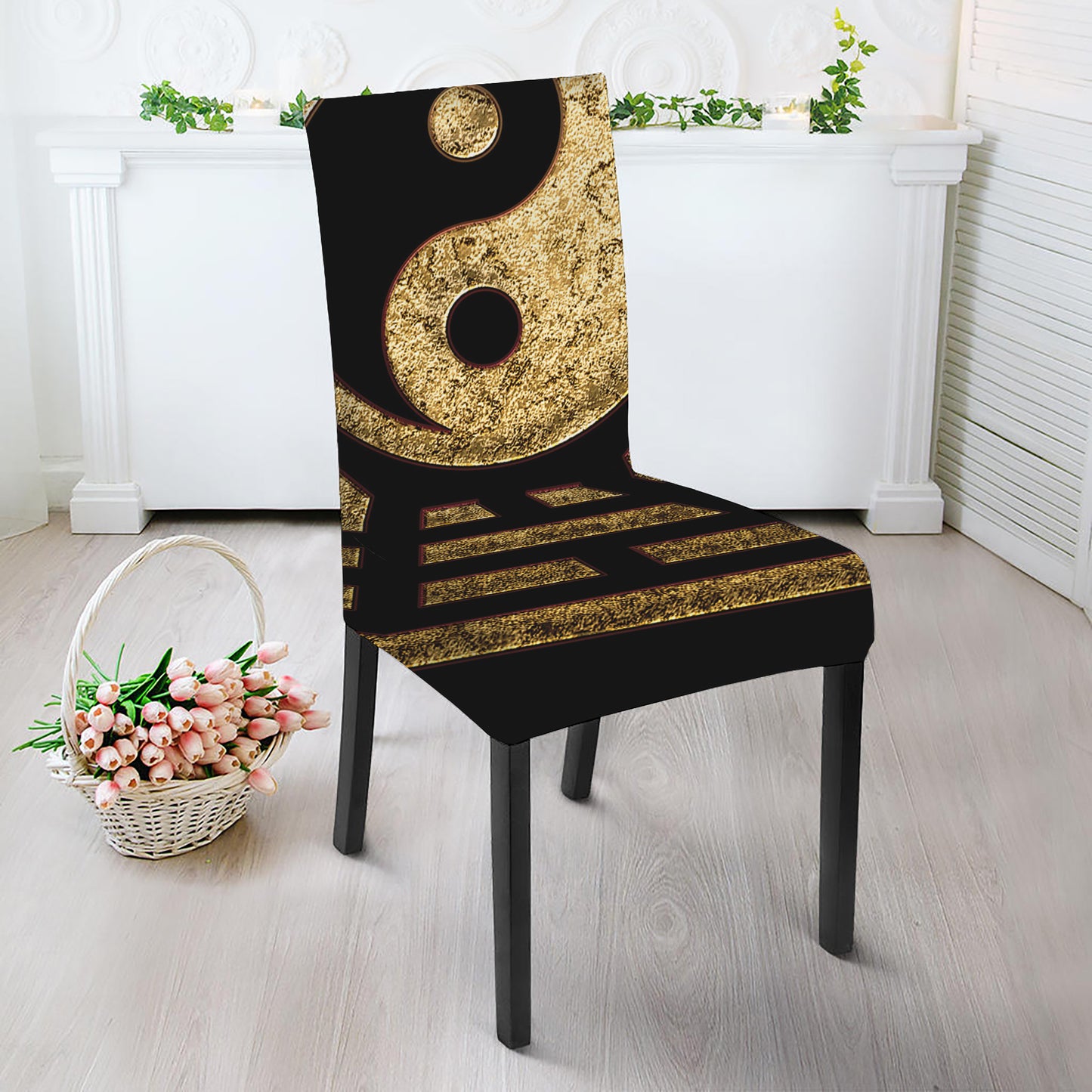 Gold Bagua Yin Yang Print Dining Chair Slipcover