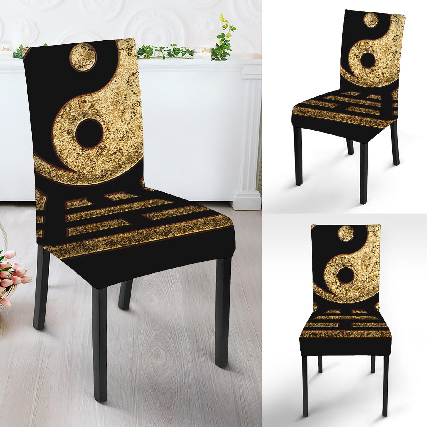 Gold Bagua Yin Yang Print Dining Chair Slipcover