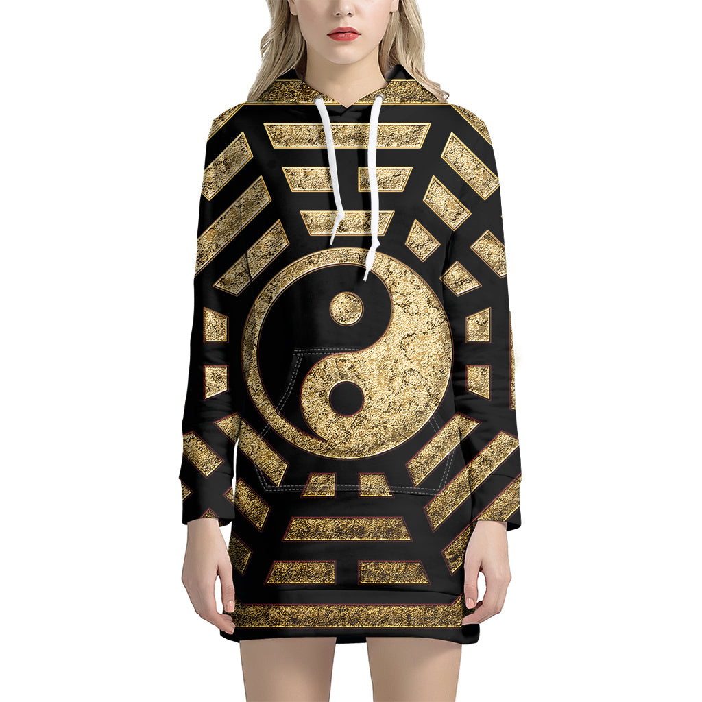 Gold Bagua Yin Yang Print Pullover Hoodie Dress