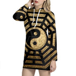 Gold Bagua Yin Yang Print Pullover Hoodie Dress