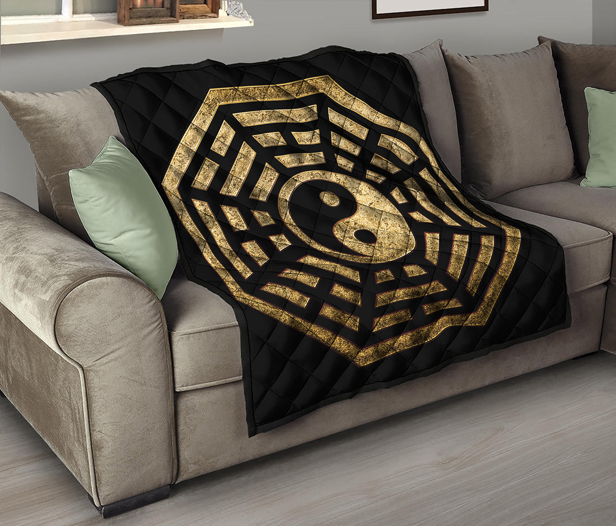 Gold Bagua Yin Yang Print Quilt