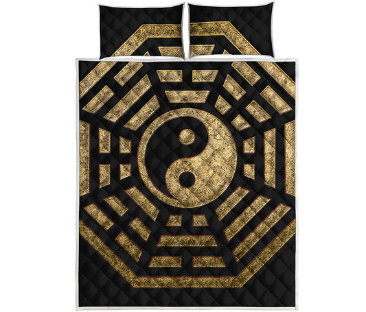 Gold Bagua Yin Yang Print Quilt Bed Set