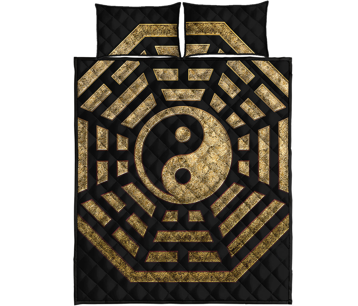 Gold Bagua Yin Yang Print Quilt Bed Set
