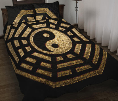 Gold Bagua Yin Yang Print Quilt Bed Set