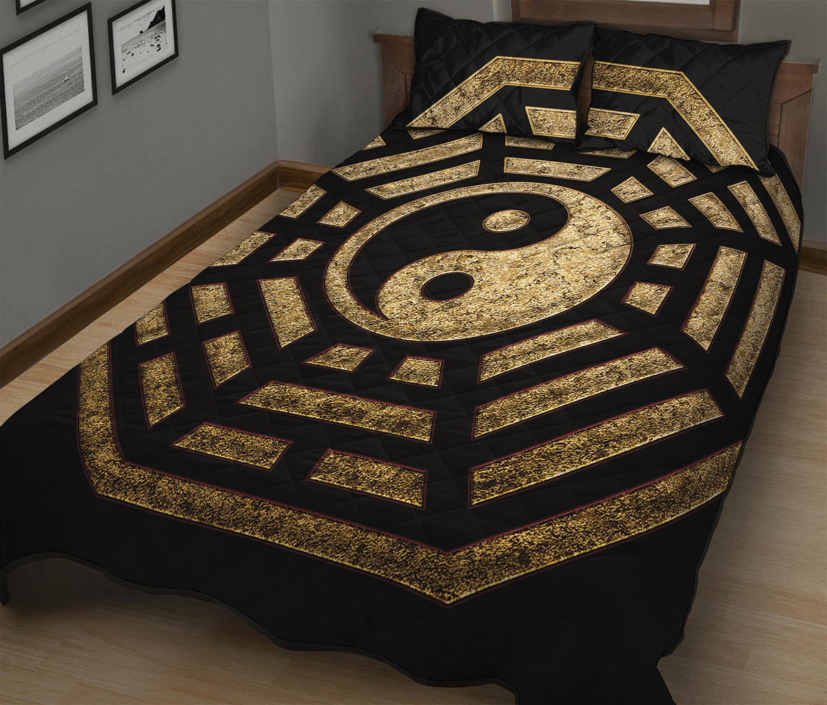 Gold Bagua Yin Yang Print Quilt Bed Set