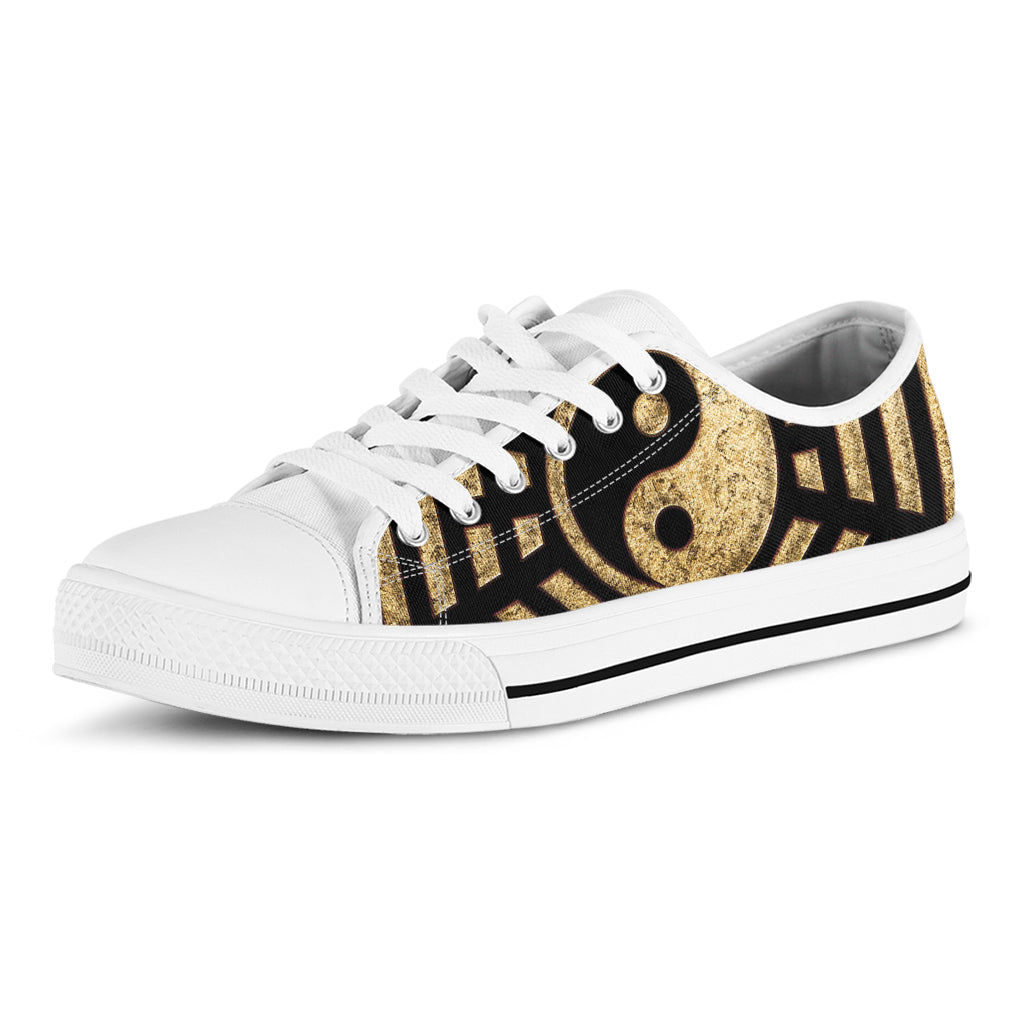 Gold Bagua Yin Yang Print White Low Top Shoes