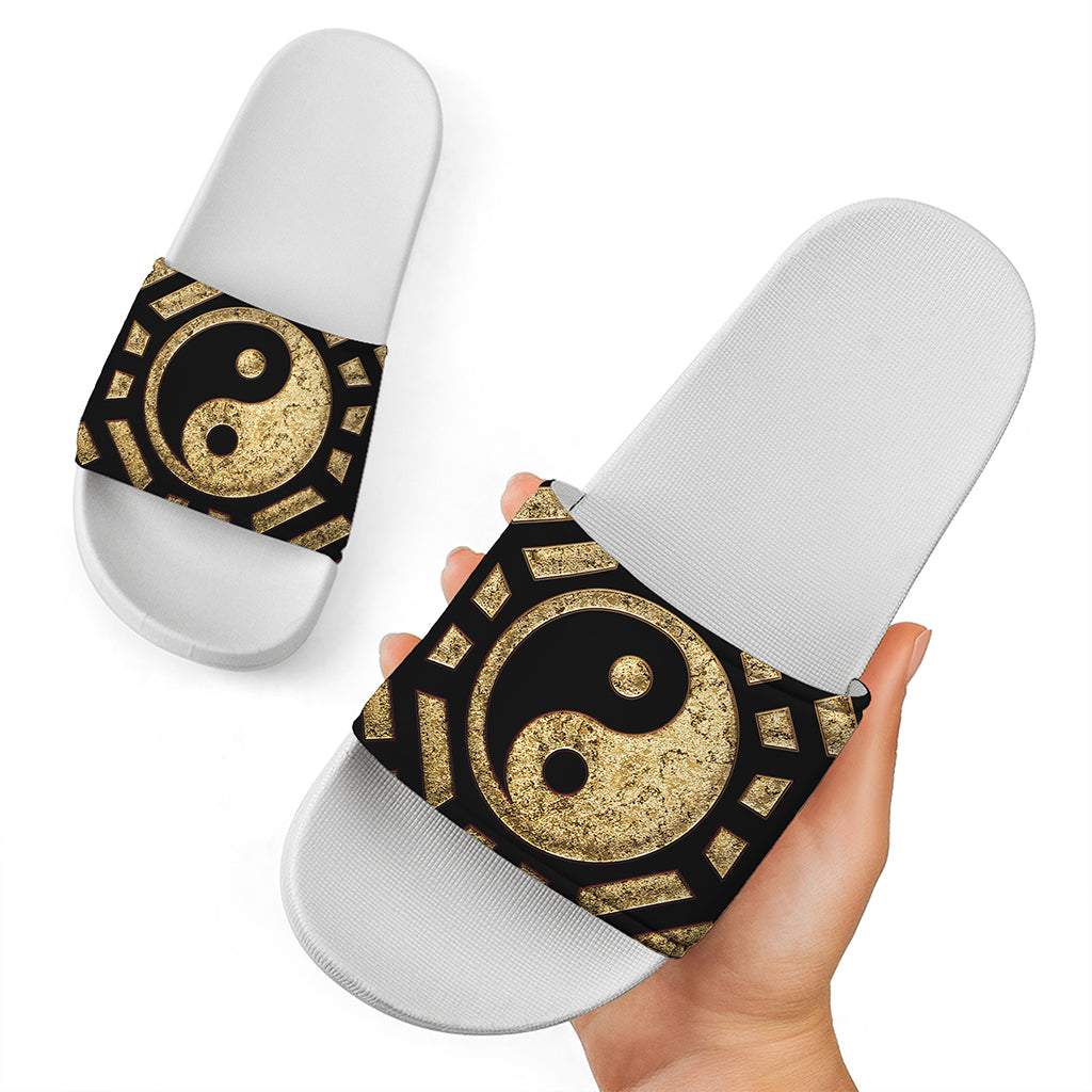 Gold Bagua Yin Yang Print White Slide Sandals