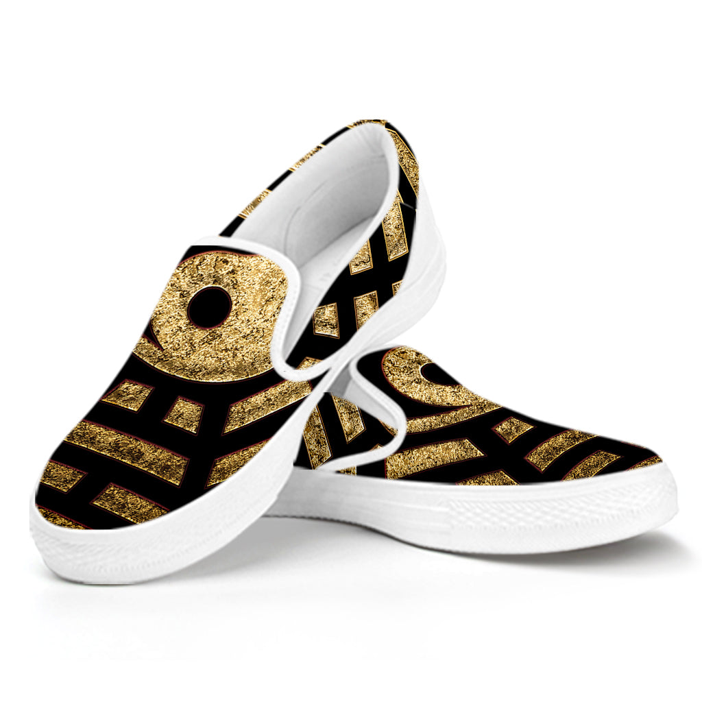 Gold Bagua Yin Yang Print White Slip On Shoes