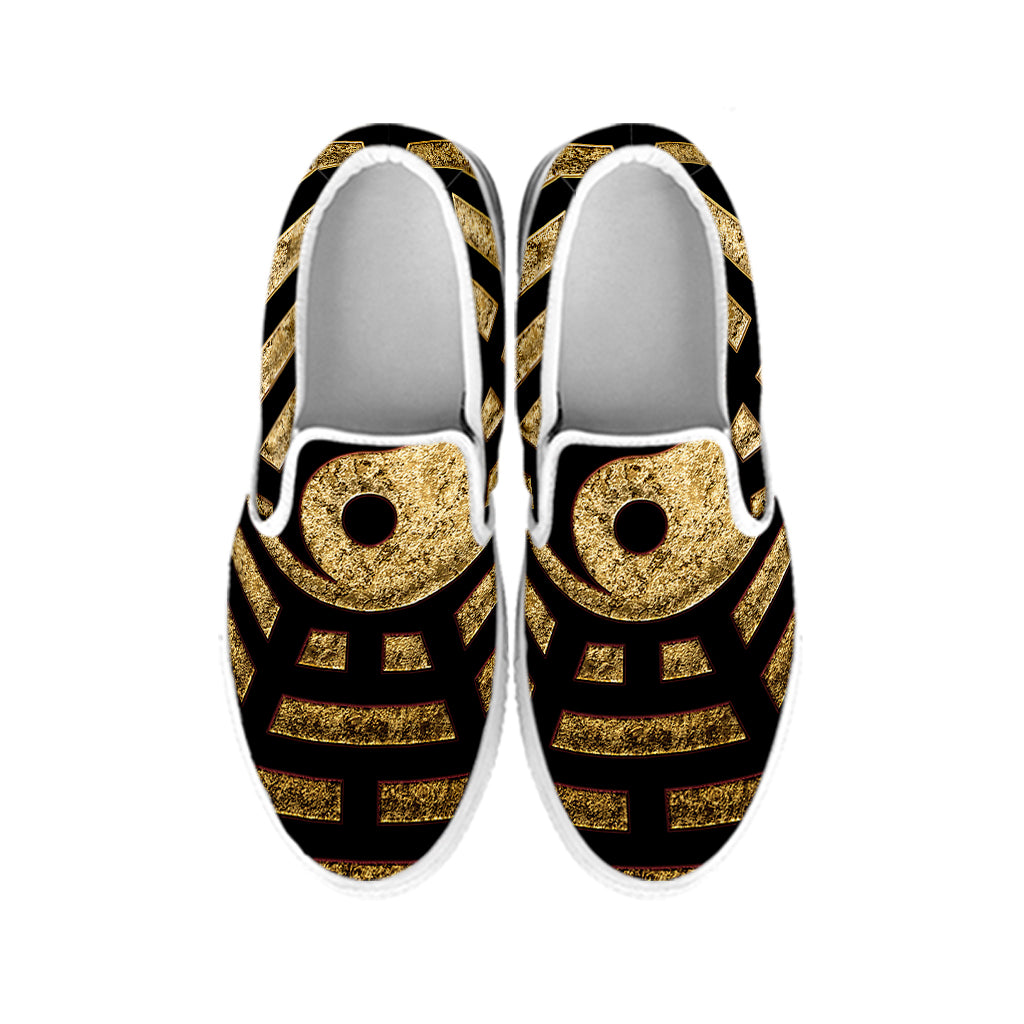 Gold Bagua Yin Yang Print White Slip On Shoes