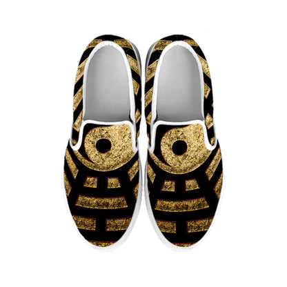 Gold Bagua Yin Yang Print White Slip On Shoes