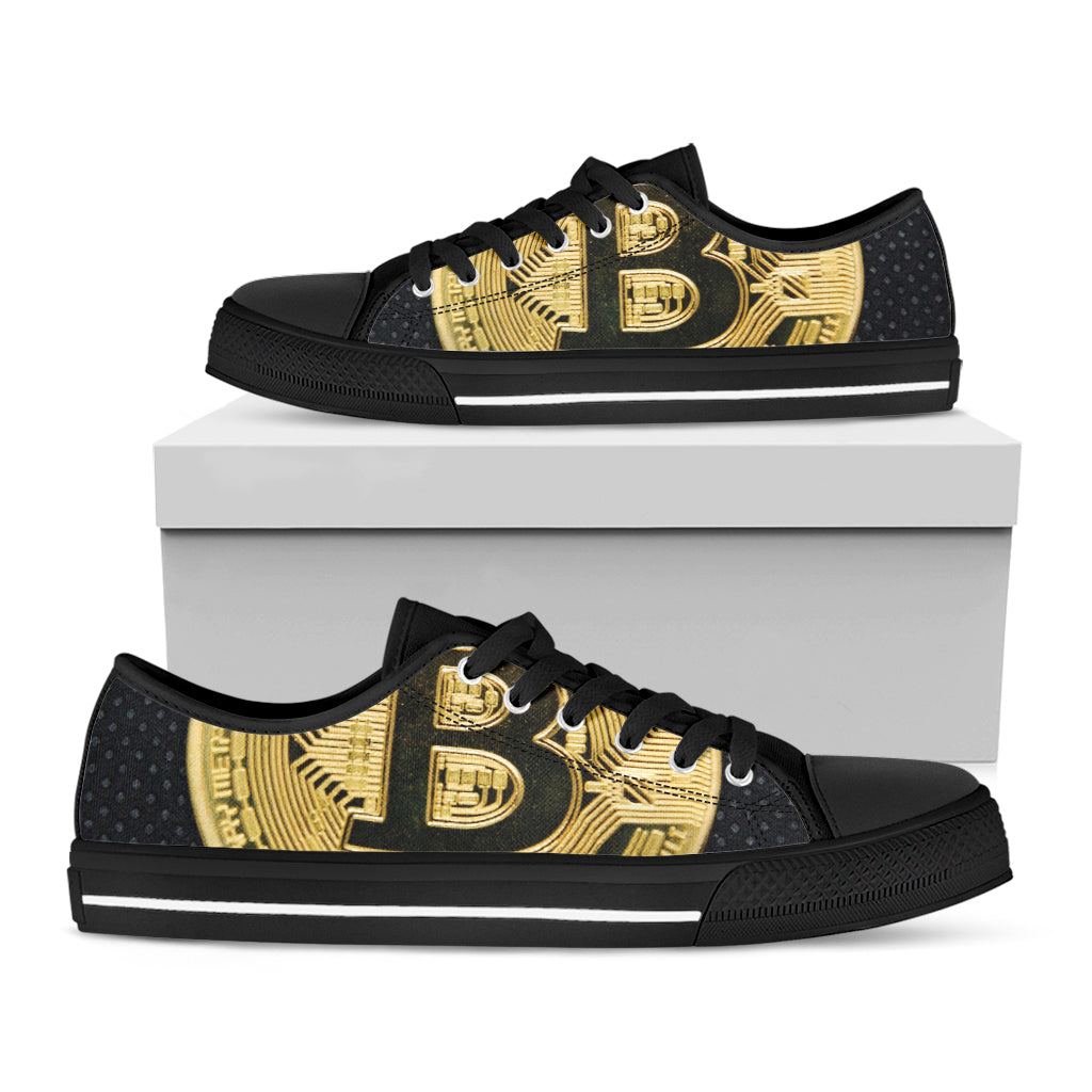 Gold Bitcoin Symbol Print Black Low Top Shoes 