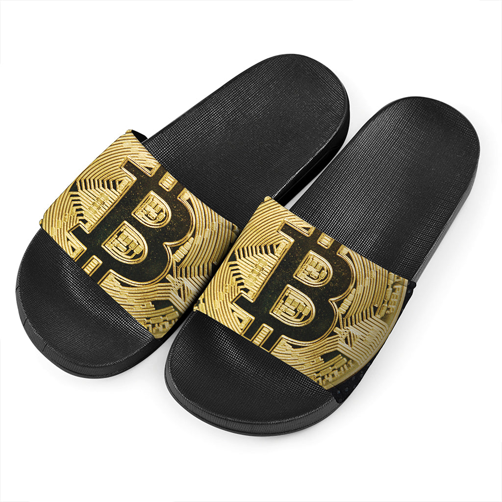 Gold Bitcoin Symbol Print Black Slide Sandals