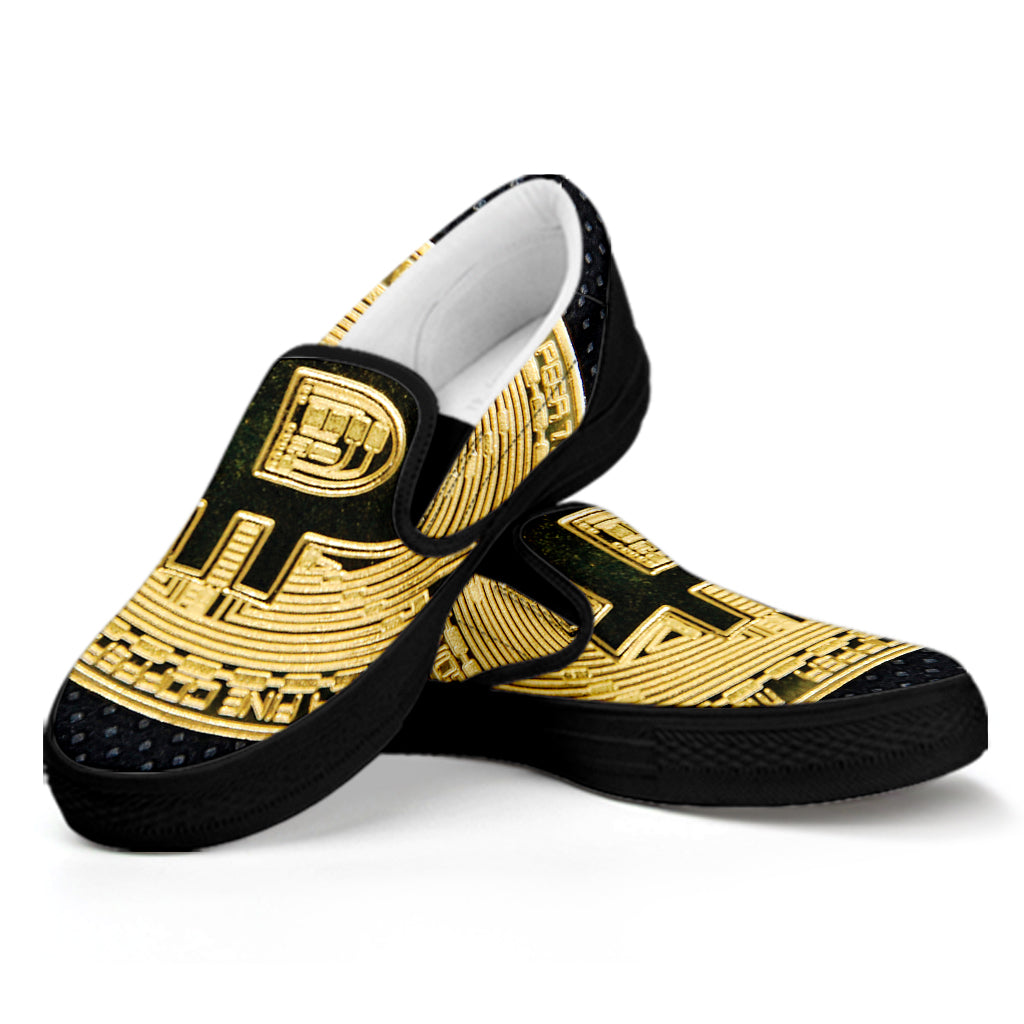 Gold Bitcoin Symbol Print Black Slip On Shoes