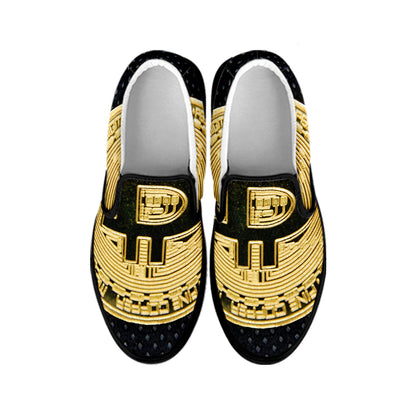 Gold Bitcoin Symbol Print Black Slip On Shoes