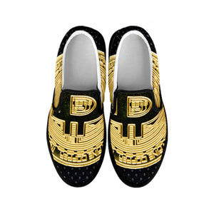 Gold Bitcoin Symbol Print Black Slip On Shoes